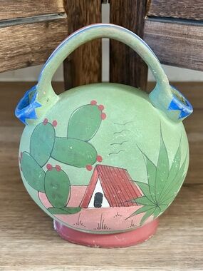 Vintage Mexican Double-sided Handpainted Clay Wedding Vase Folk Art 7x6”